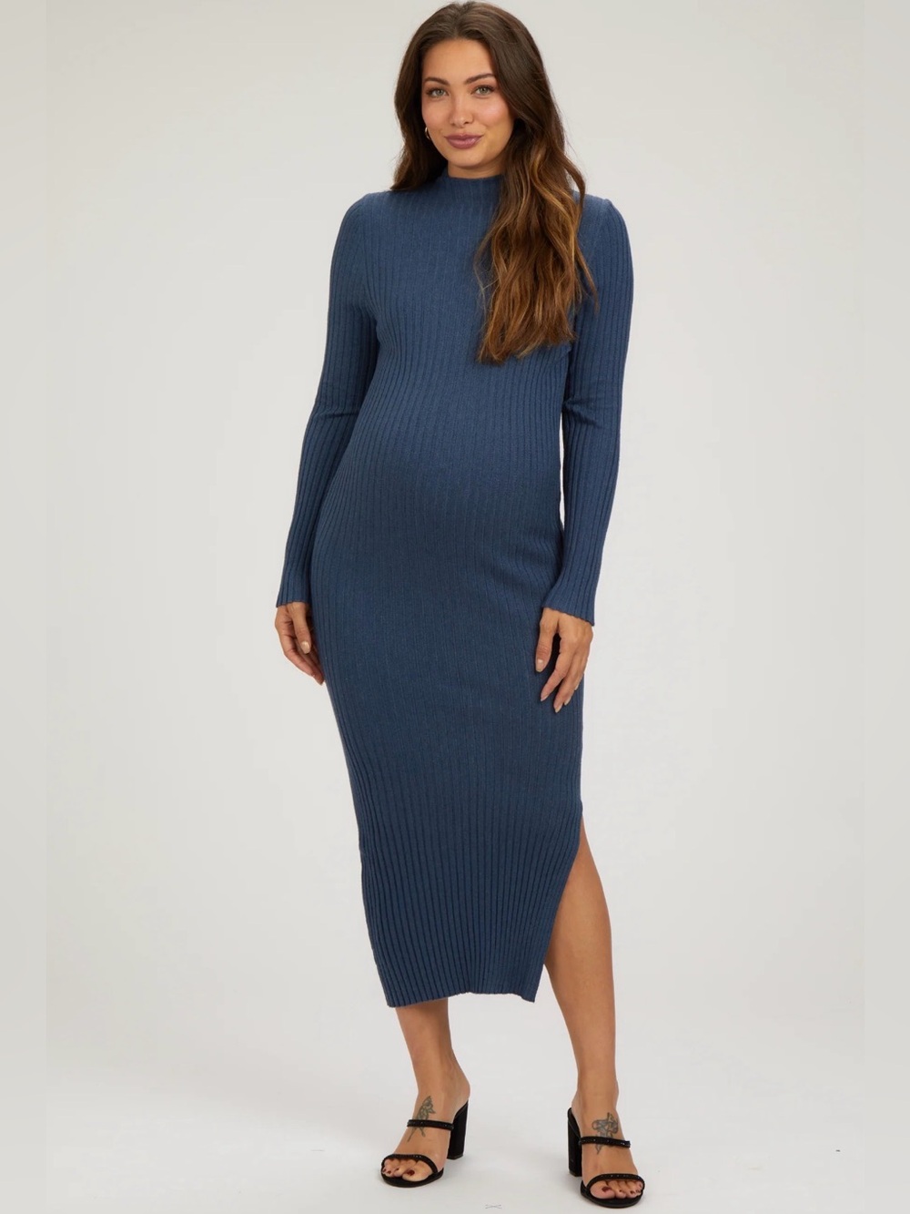 PinkBlush Long Sleeve Ribbed Midi Dress in Slate Blue